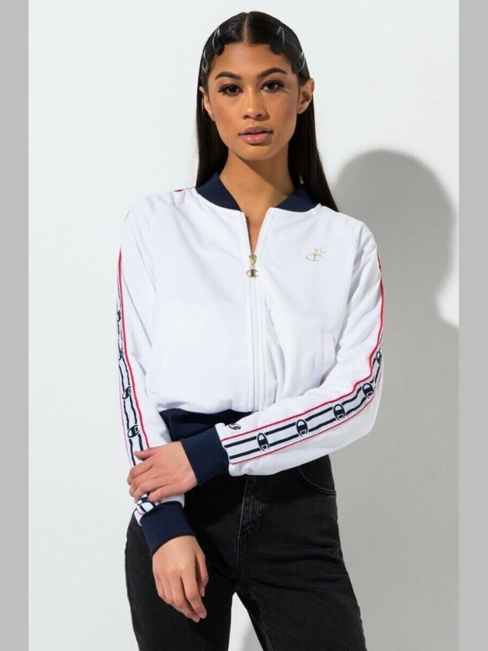CHAMPION White Track Jacket Bomber Full Zip NEW Athleisure Coat L